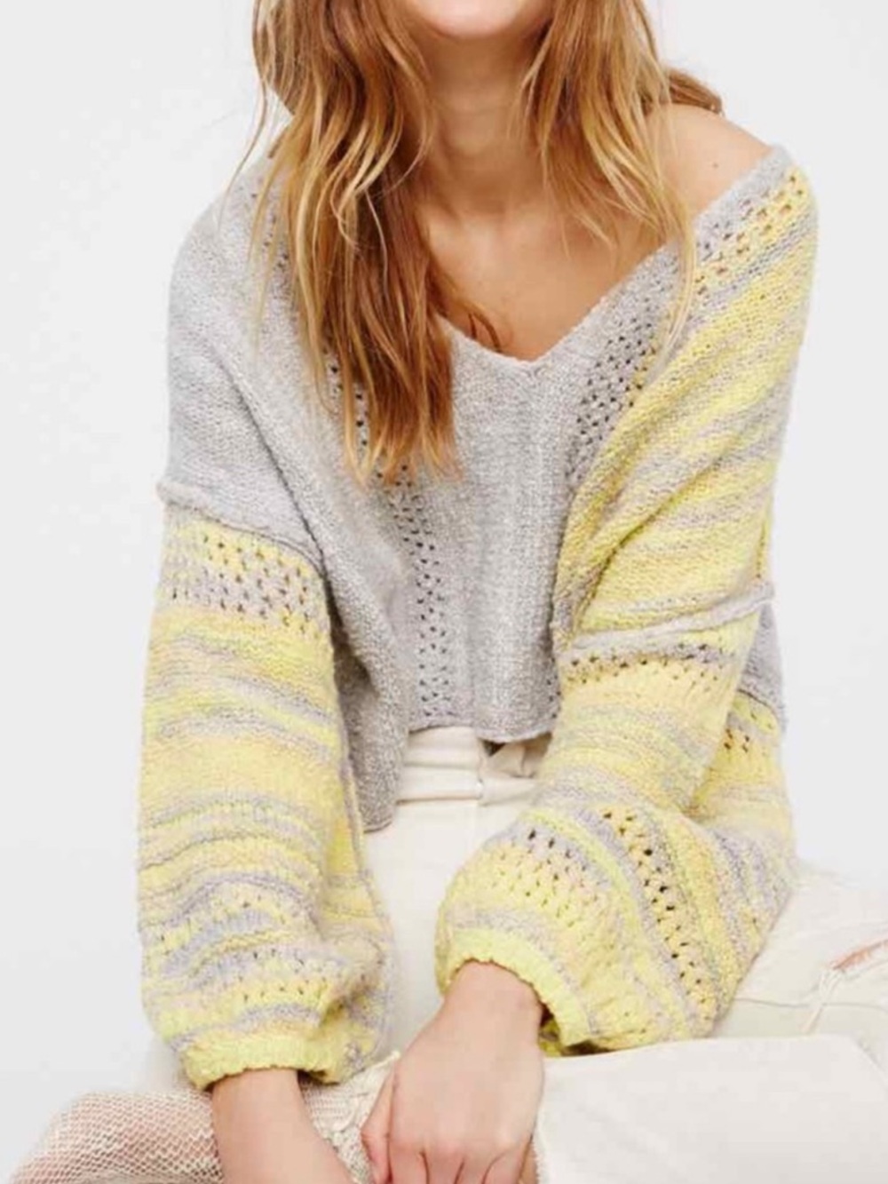 Cozy V-Neck Drop-Shoulder Sweater in Gray and Yellow